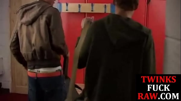 Rimming twink barebacks ass in locker room duo