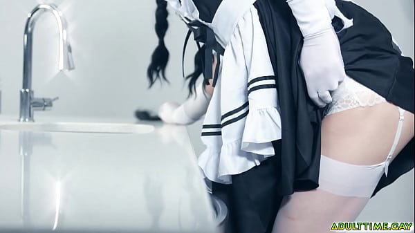 Pigtailed femboy maid Katie Lingerie  squats over Mateo’s cock and rides him in cowgirl on the kitchen counter